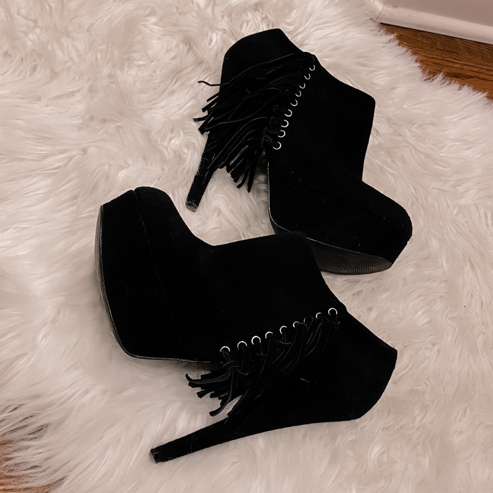 BEBE Black Suede Platform Fringe Ankle Booties 8